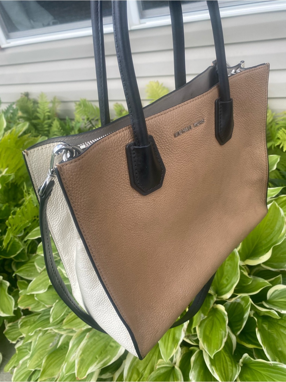 Michael Kors Tan and White Colorblock Leather Tote with Black Trim